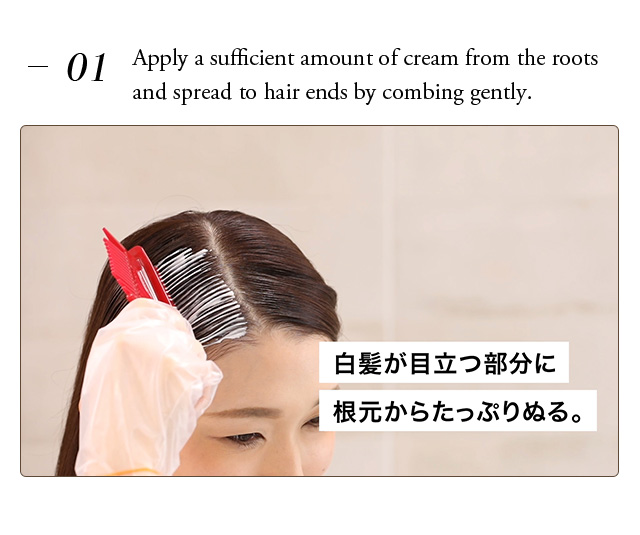 Apply a sufficient amount of cream from the roots and spread to hair ends by combing gently.