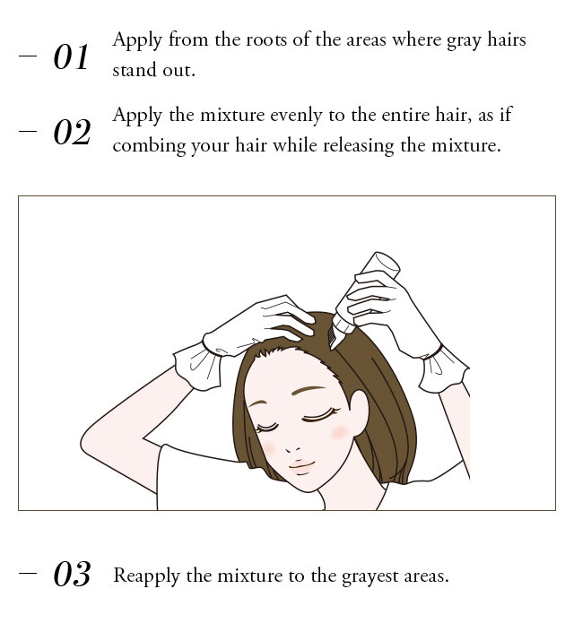 1  Apply from the roots of the areas where gray hairs stand out. 2  Apply the mixture evenly to the entire hair, as if combing your hair while releasing the mixture.3  Reapply the product mixture to the grayest areas.