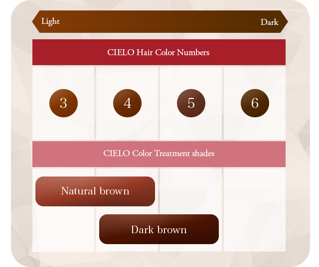 Light Dark CIELO Coloring Treatment Tones Natural Brown Dark Brown Deep Brown Natural Black CIELO Hair Color Numbers 0 1 2 3 4 5 6