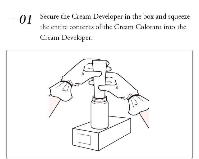 1  Secure the Cream Developer in the box and squeeze the entire contents of the Cream Colorant into the Cream Developer.